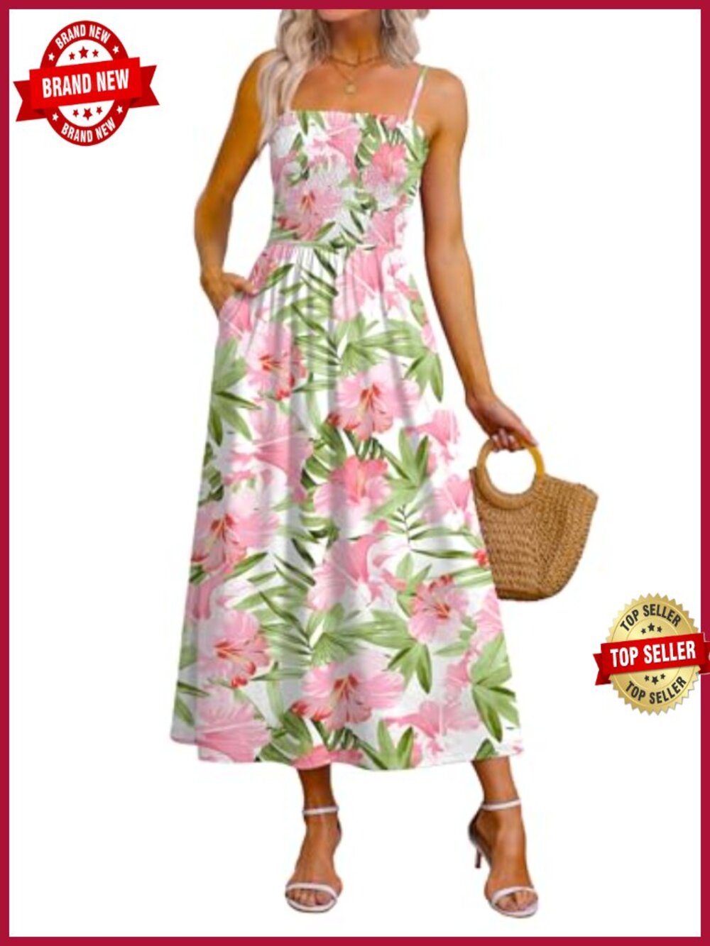 Spaghetti Strap Maxi Dress Smocked with Pockets Boho Casual Long Sundress